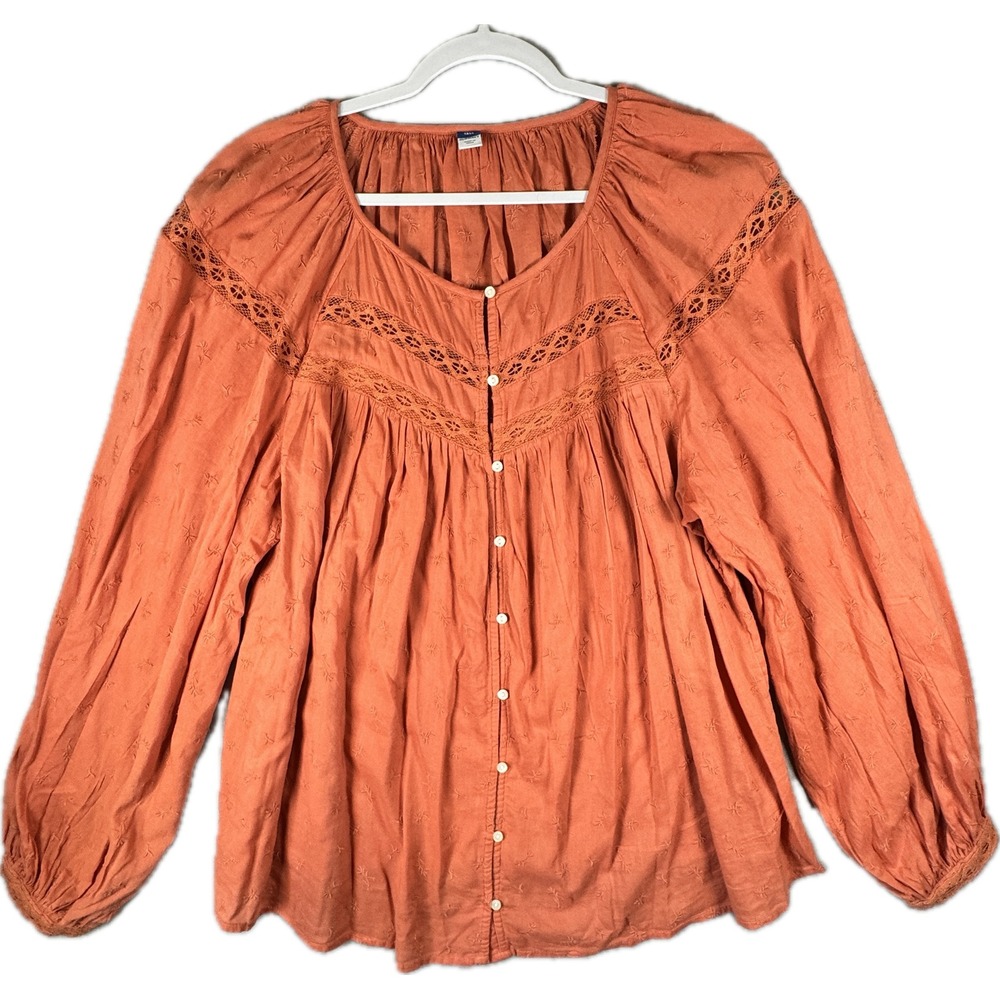 Old Navy Button Up Top Womens XL Tall Orange Eyelet Lace Boho Peasant Blouse